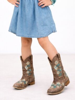 Roper Kids Floral Embroidered Western Boots Brown Turquoise Girls Size 3